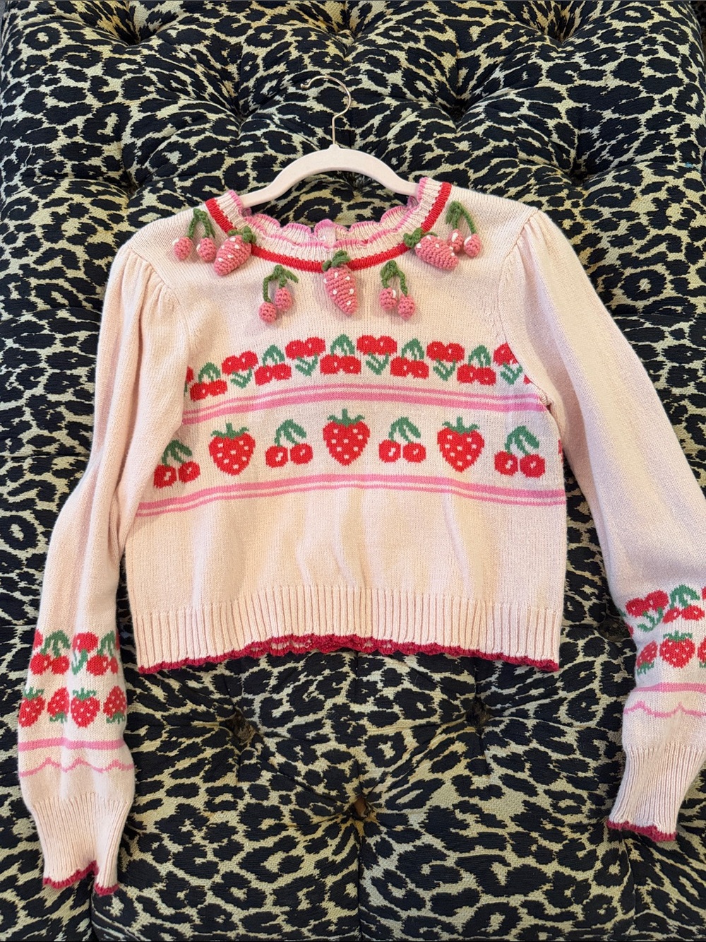 LOVE SHACK FANCY Pink Strawberry Knit Sweater with 3D Strawberry Trim